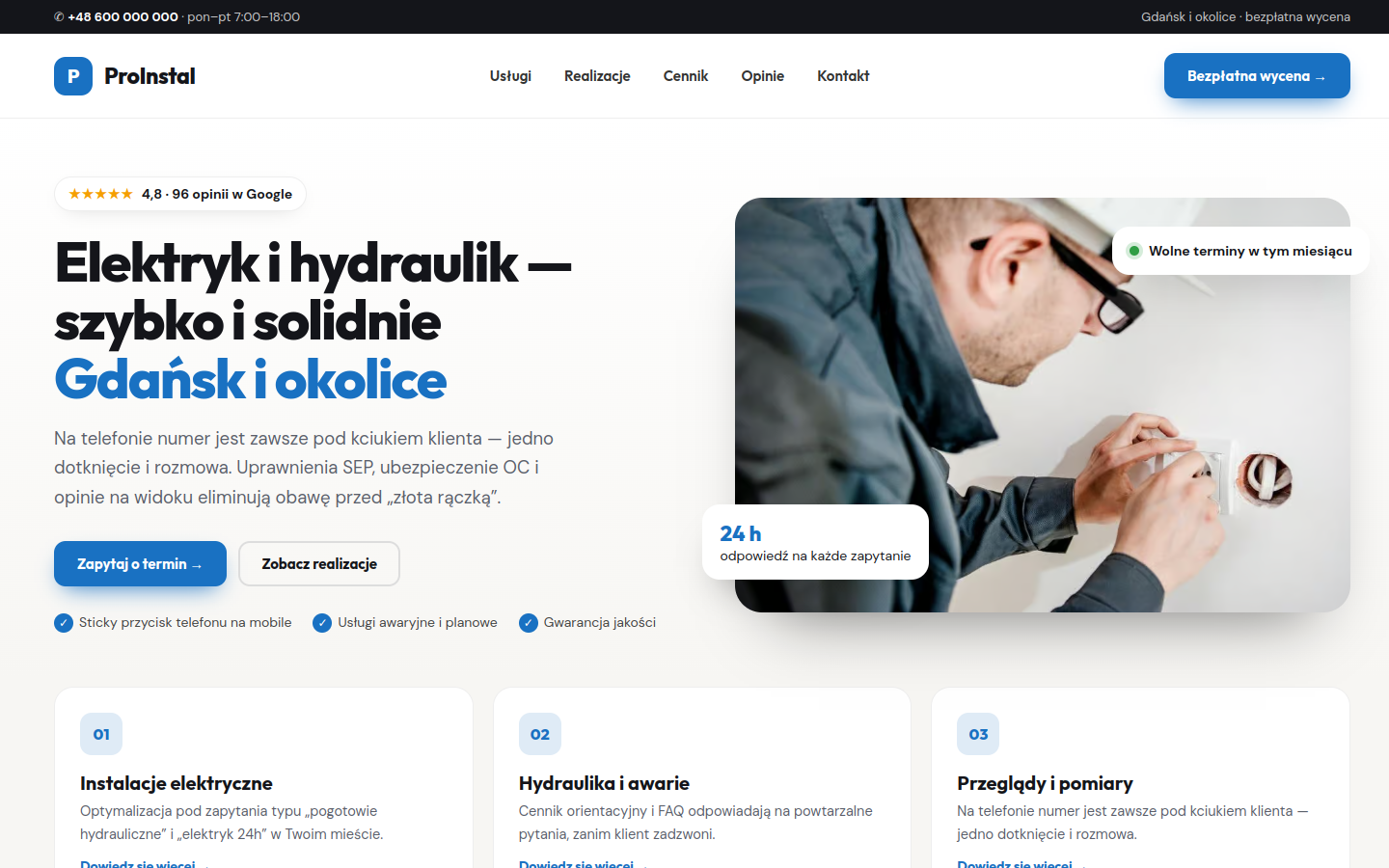 Przykładowa strona internetowa Novi dla branży: Elektrycy, hydraulicy i instalatorzy