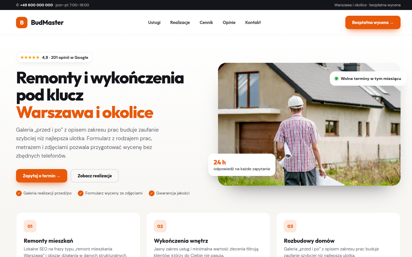 Przykładowa strona internetowa Novi dla branży: Firmy budowlane i remontowe