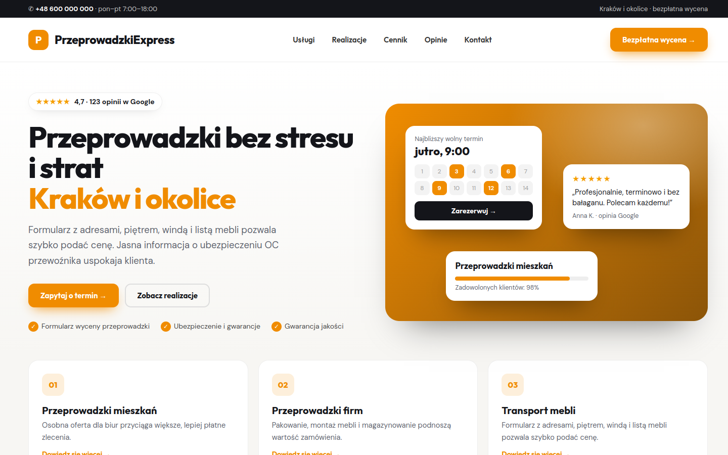 Przykładowa strona internetowa Novi dla branży: Firmy przeprowadzkowe