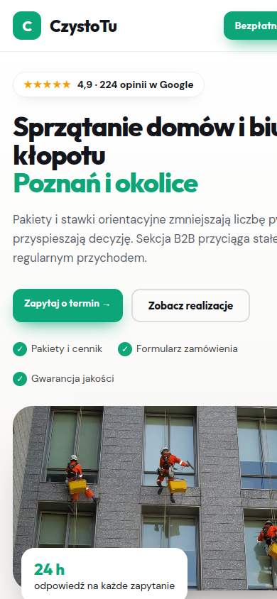 Przykładowa strona internetowa Novi dla branży: Firmy sprzątające – widok na smartfonie