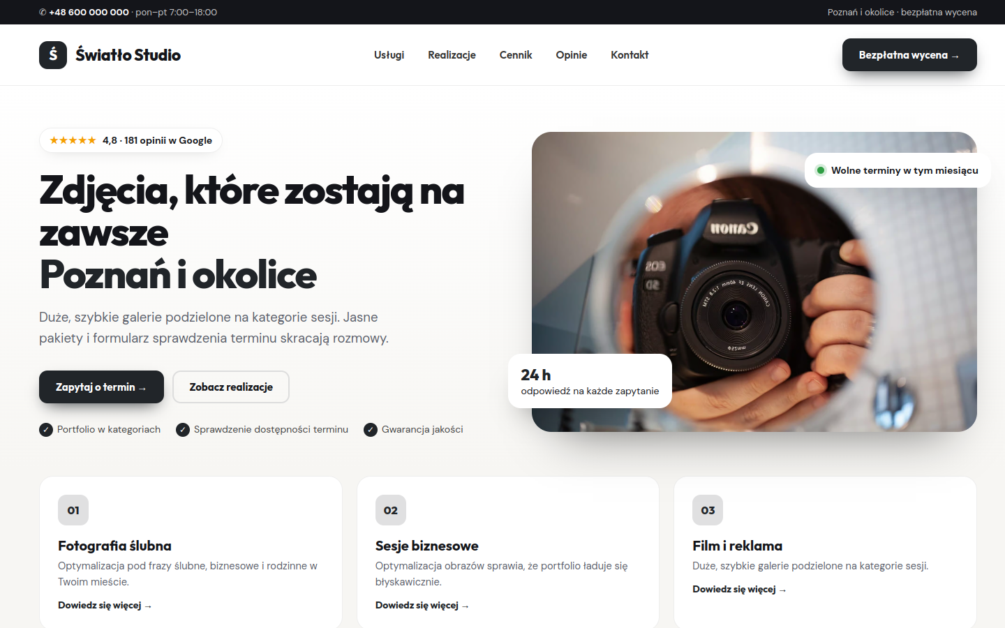 Przykładowa strona internetowa Novi dla branży: Fotografowie i filmowcy
