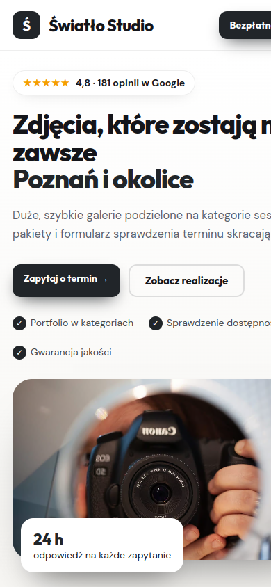 Przykładowa strona internetowa Novi dla branży: Fotografowie i filmowcy – widok na smartfonie