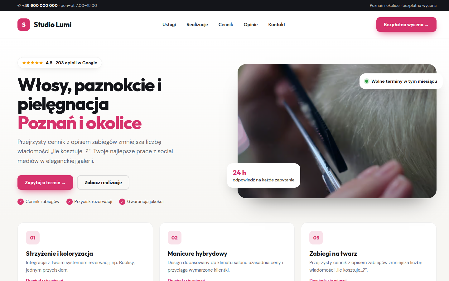 Przykładowa strona internetowa Novi dla branży: Fryzjerzy, kosmetyczki i stylizacja paznokci