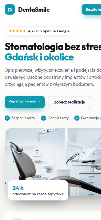 Przykładowa strona internetowa Novi dla branży: Gabinety stomatologiczne – widok na smartfonie