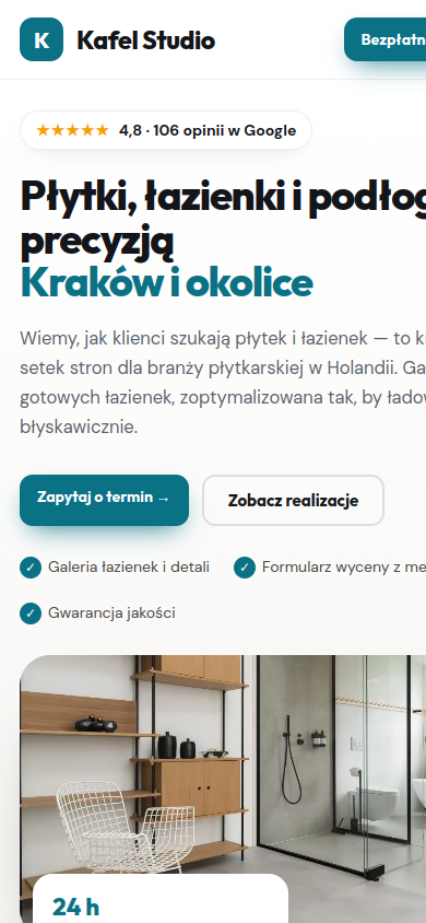 Przykładowa strona internetowa Novi dla branży: Glazurnicy, podłogi i zabudowa wnętrz – widok na smartfonie