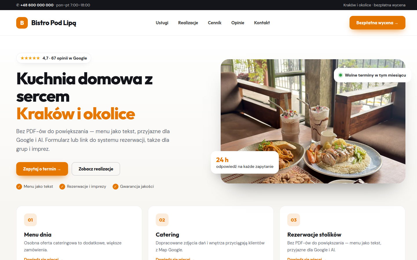 Przykładowa strona internetowa Novi dla branży: Mała gastronomia