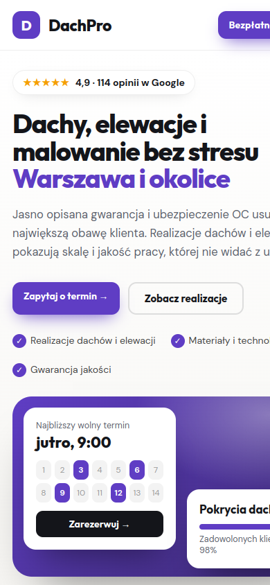 Przykładowa strona internetowa Novi dla branży: Malarze, tynkarze i dekarze – widok na smartfonie