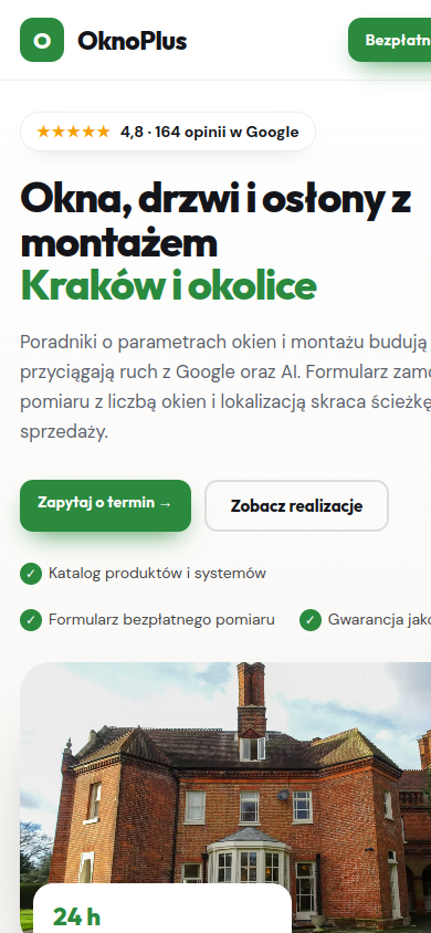 Przykładowa strona internetowa Novi dla branży: Okna, drzwi i rolety – widok na smartfonie