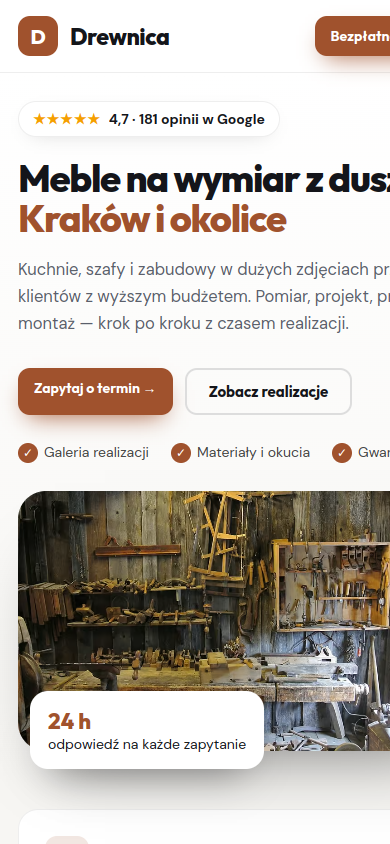 Przykładowa strona internetowa Novi dla branży: Stolarze i meble na wymiar – widok na smartfonie