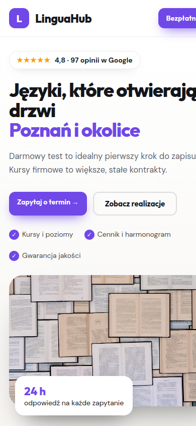 Przykładowa strona internetowa Novi dla branży: Szkoły językowe i korepetycje – widok na smartfonie