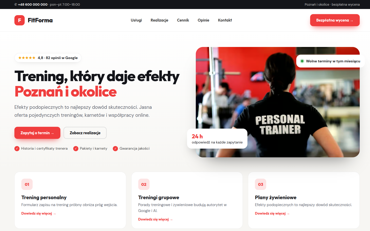 Przykładowa strona internetowa Novi dla branży: Trenerzy personalni i studia fitness