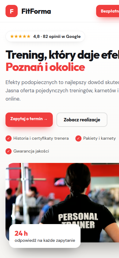 Przykładowa strona internetowa Novi dla branży: Trenerzy personalni i studia fitness – widok na smartfonie