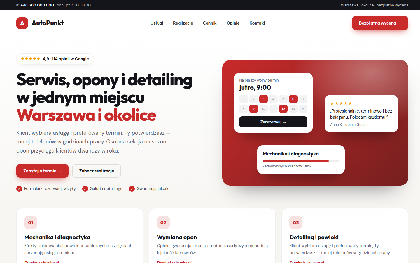 Przykładowa strona internetowa Novi dla branży: Warsztaty, detailing i wulkanizacja