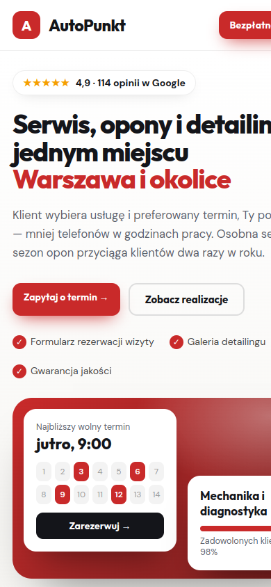 Przykładowa strona internetowa Novi dla branży: Warsztaty, detailing i wulkanizacja – widok na smartfonie