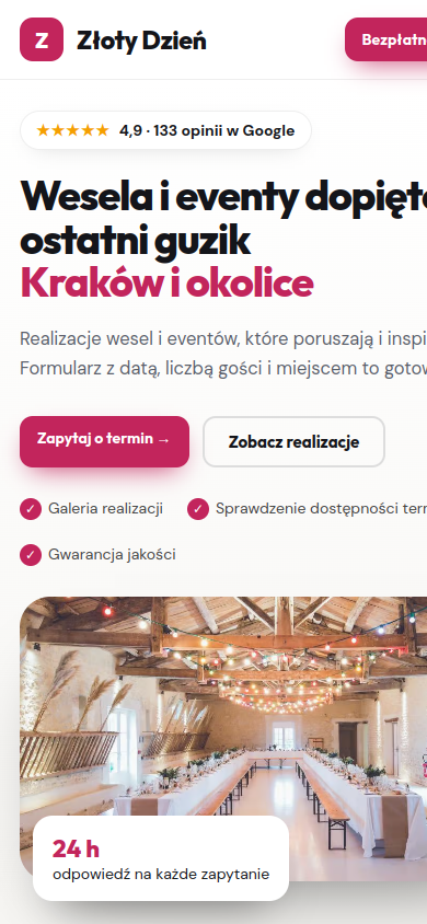 Przykładowa strona internetowa Novi dla branży: Wesela i eventy – widok na smartfonie