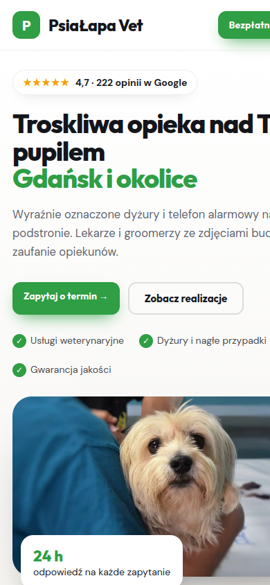Przykładowa strona internetowa Novi dla branży: Weterynarze i groomerzy – widok na smartfonie